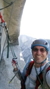 Randy hanging on belay on Washington's Column in Yosemite
