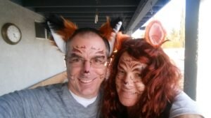 Randy and Lori dressed as foxes