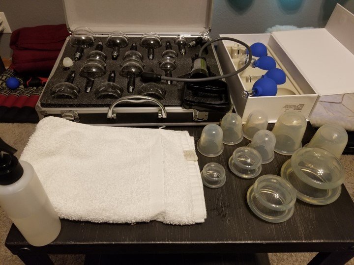 a collection of equipment used for vacuum cup therapy